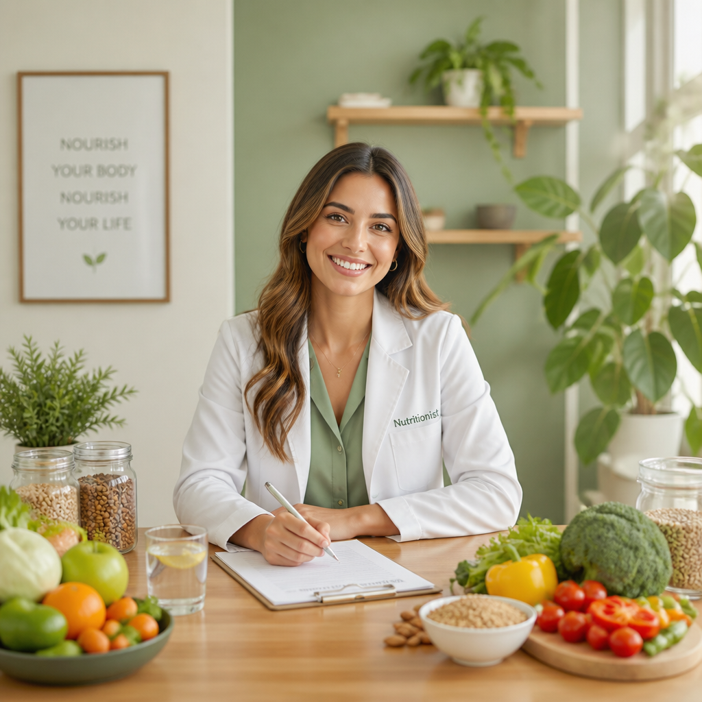 Nutritionist in a consultation with healthy foods